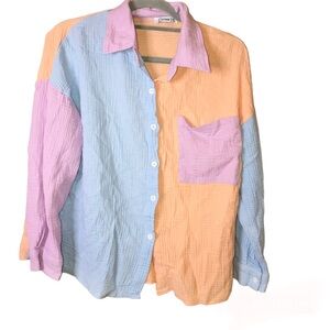 Daphne Lo Button Front Gauze Texture Color Block‎ Blouse Blue Orange Size Large
